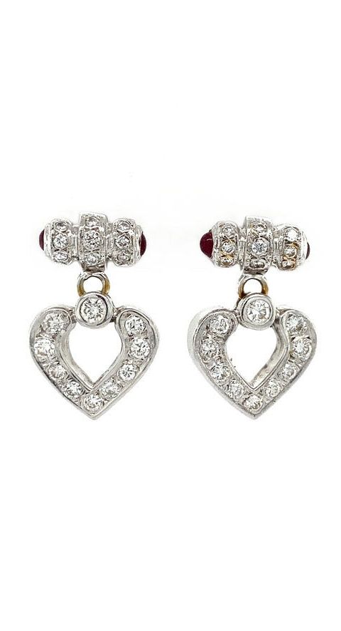 Vintage 18K White Gold Stud Earrings with Diamond Heart